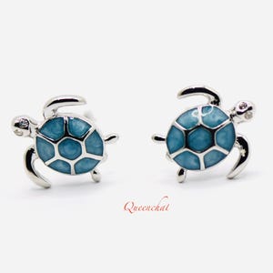 May include: A pair of silver stud earrings featuring a blue enamel turtle design with a small clear rhinestone on each turtle's shell.