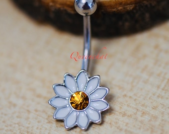 316L Surgical Steel 14G White Daisy Flower Belly Bar, Navel Ring Belly Piercing Jewellery