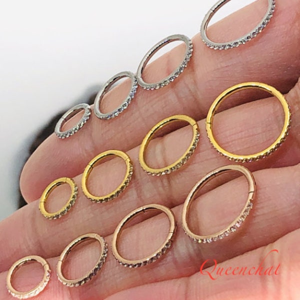 F136 Titanium 16G CZ micro pave Segment Ring Hinged Septum Clicker Ring Conch Tragus Helix Hoop