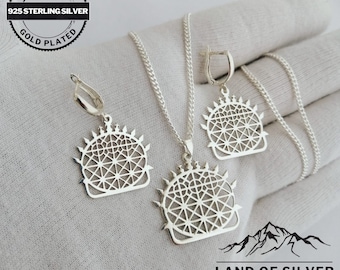 Hittite Sun Jewelry Set, 925 Sterling Silver Necklace Earrings, Handmade Talisman