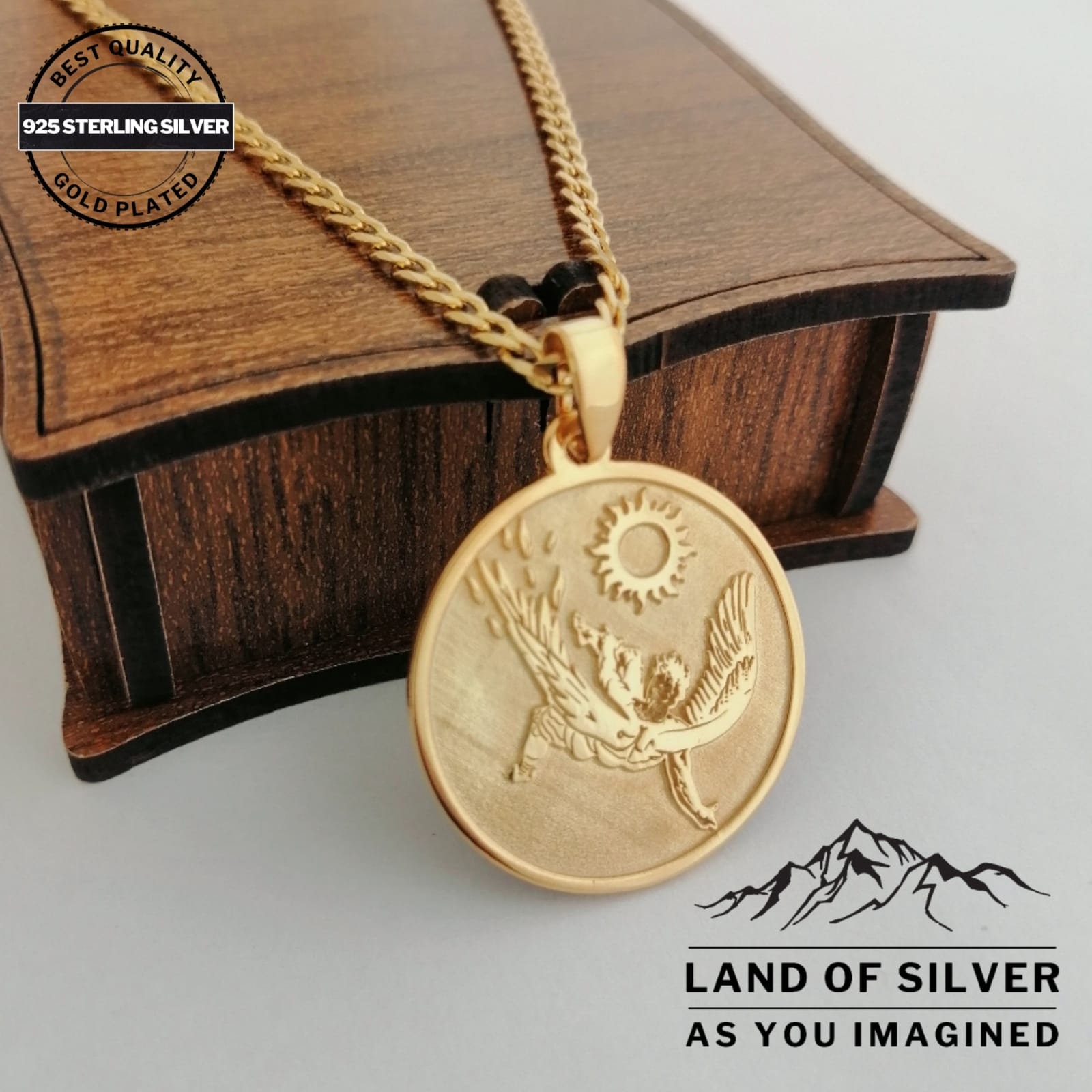 Collana Icaro Unisex Con Pendente Sole Dorato E Figura Argento - Gioiello Artistico Ispirato Alla Mitologia