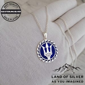 Customizable, Trident Necklace, Blue Enamel Filled, Handmade, 925 Sterling Silver, Poseidon Greek God of the Sea, Locket Necklace,