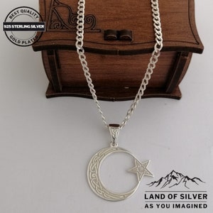 Handmade, Turkish Flag Necklace, Moon and Star, 925 Sterling Silver, Turkish Pendant, Engraved Patterned Necklace, Gold Filled