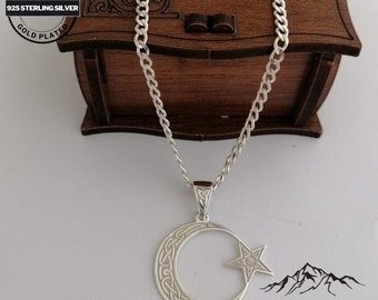 Customizable Moon and Star Pendant, 925 Sterling Silver,  Gold Plated, Personalized Gift, Astrology Jewelry