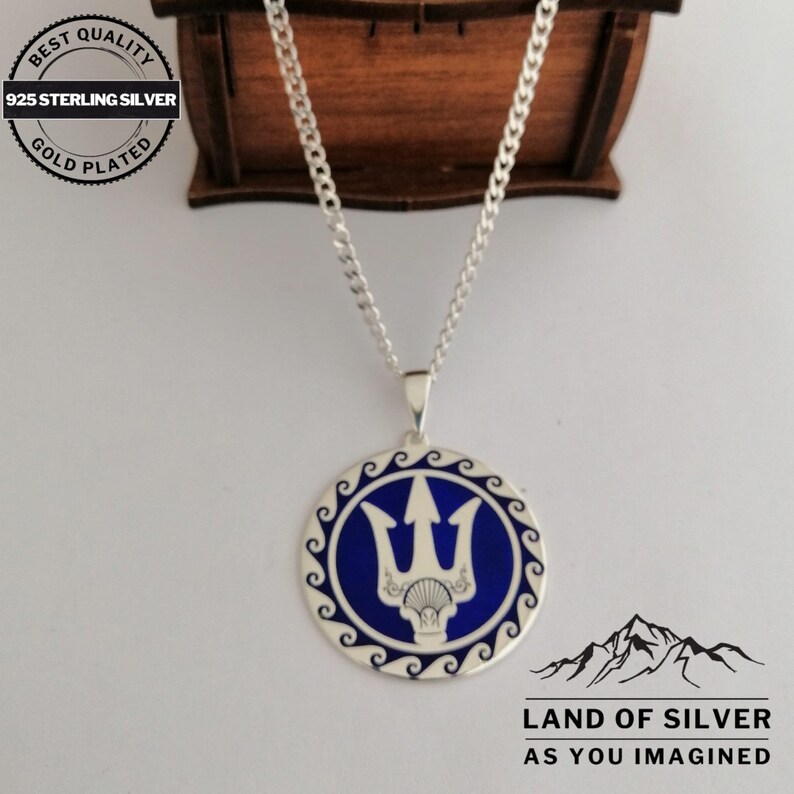 Collier Poséidon personnalisable, pendentif trident en émail bleu, bijou inspiré de la mythologie grecque, argent massif 925, cadeau personnalisé
