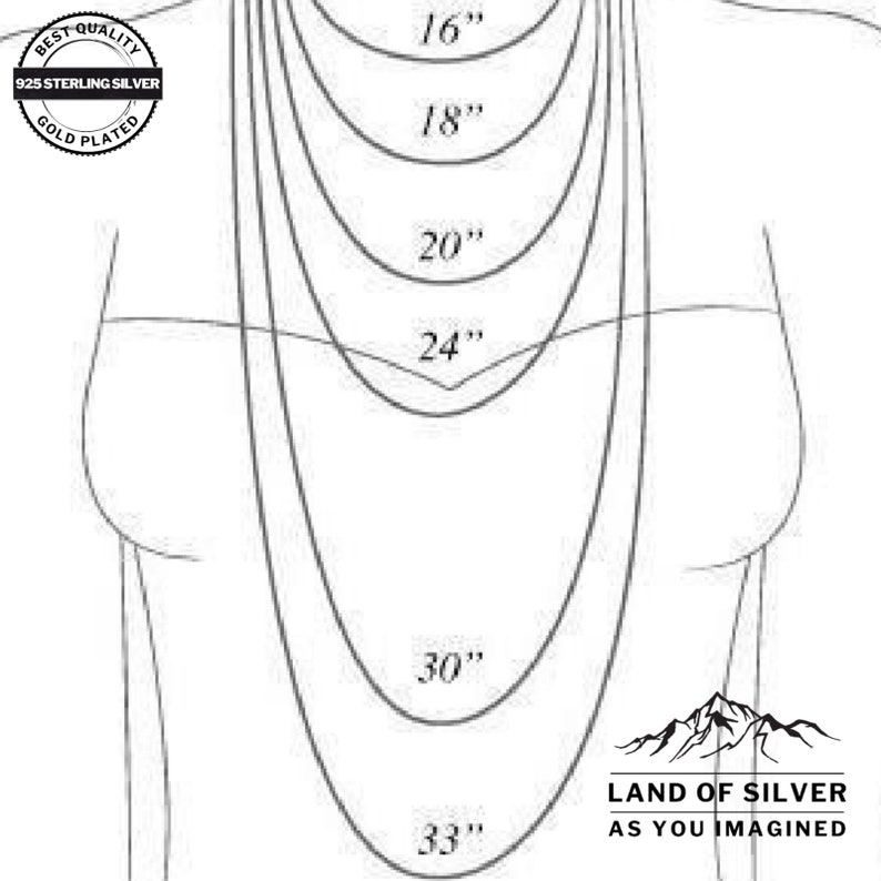 May include: A line drawing of a woman's torso showing different necklace lengths in inches: 16, 18, 20, 24, 30, and 33 inches. The text "BEST QUALITY 925 STERLING SILVER GOLD PLATED" is in a circle at the top left of the image. The text "LAND OF SILVER AS YOU IMAGINED" is at the bottom right of the image.