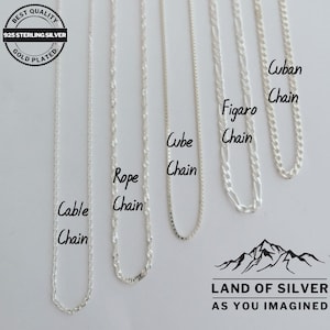 May include: A close-up of six different silver chains, including a cable chain, rope chain, cube chain, figaro chain, and cuban chain. The chains are labeled with their names. The image also includes the text "BEST QUALITY 925 STERLING SILVER GOLD PLATED" and "LAND OF SILVER AS YOU IMAGINED".