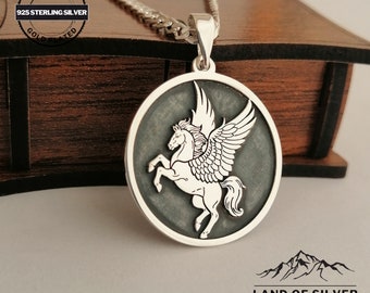 Customizable Pegasus Pendant, Oxidized Silver Winged Horse Necklace, Greek Mythology, Personalized Gift