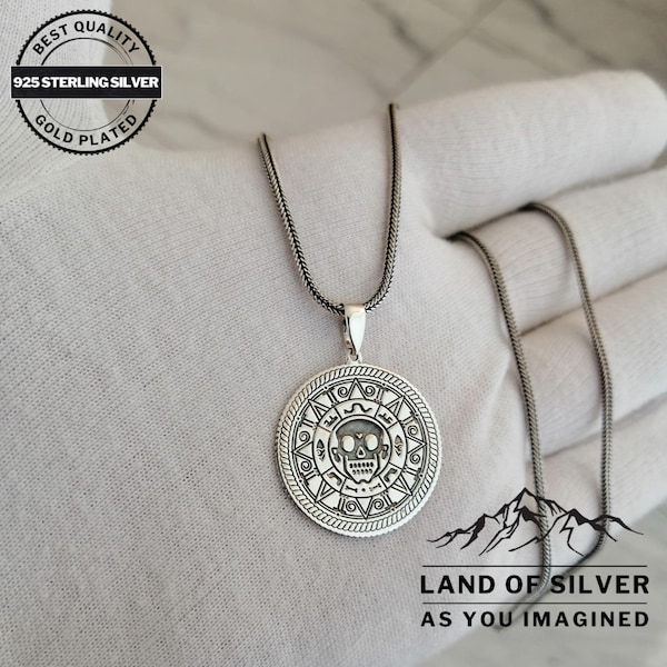 Collier aztèque en argent fait à la main, cadeau spécial 925 pendentif en argent sterling, bijoux aztèques à chaîne en argent, art aztèque en argent, collier mexicain