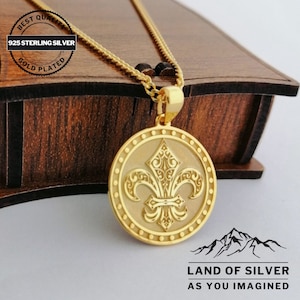 ¡Personalizable! Collar de flor de lis, plata de ley 925, collar de flor de lirio, collar con escudo de armas real francés, talismán de la suerte,