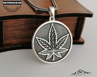 Aanpasbare ganja-ketting, geoxideerde 925 sterlingzilveren hennepbladketting, gepersonaliseerd cadeau