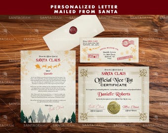 May include: A personalized letter from Santa Claus, along with an envelope, a special delivery envelope, and a certificate. The letter and certificate are addressed to Danielle Roberts. The envelopes have a red wax seal and festive holiday designs.