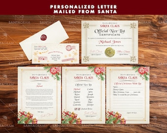 May include: A collection of personalized Christmas stationery, including a letter, certificate, and wish list, all with festive holiday designs. The text reads "Personalized Letter Mailed From Santa."