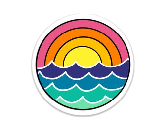 May include: A round sticker featuring a colorful sunset over ocean waves. The design includes a pink and orange rainbow, a yellow sun, and blue and teal waves. The sticker has a white border.