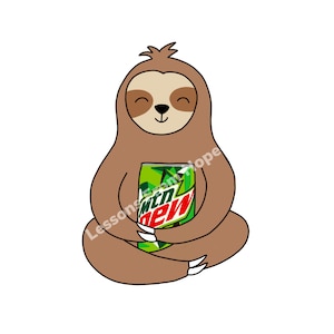 May include: A brown sloth with a happy expression is sitting with its legs crossed and holding a green and red Mountain Dew can.