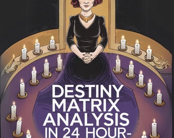 May include: A digital illustration of a person with red hair wearing a black dress and gold necklace, centered within a circle of lit white candles on a purple surface. The text reads: DESTINY MATRIX ANALYSIS IN 24 HOUR-SAME HOUR.
