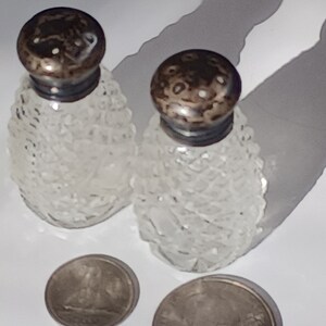 925 Crystal Salt and Pepper Shakers set with Sterling Silver Tops True Antique American Brilliant Cut Glass Period Glassware Faceted OLD!