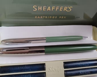 1957 Sheaffers Skripsert Cartridge Fountain Pen Mechanical Pencil Set New Old Stock Original box Mint Green and Chrome  USA Unused 55Yr Old