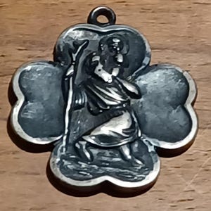 1930’s Saint Christopher Medal Irish Shamrock Patron Saint Of Travelers Christ Child Sterling Silver 5.67g Grams Ship Steam Train Car Plane