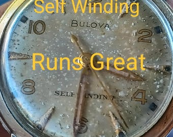 1958 Bulova Watch Wrist Self winding 17 Jewels 11ACAC Working Dirty Dial New Black Leather Band 66 Years Old Screw Back Ring Waterproof L8