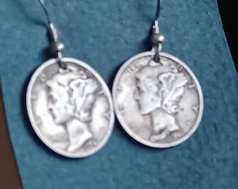 Mercury Dime Earrings 1941 1942 WWII Era  This 90% silver Mercury dime was designed by A.A. Weinman Mercury is the Roman god 3/4 inch wide