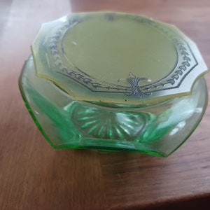 Uranium Green Vaseline Glass Hair Receiver Vanity Celluloid Top Ribbed Green Art Deco Vanity Dresser Set Dupont dioxide Glow Black Light