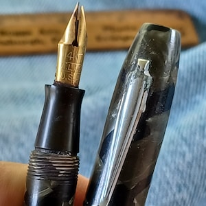 Aikin Lambert Capital Model Lever Fill Fountain Pen 14K Nib Black and Gray w Chrome trim A. L. Co  ALCO L. E. Waterman Co. Poor Nib, No Sack