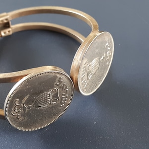 ISRAEL Bracelet 1949 Coin Two (2) MINT 10 Prutah Bronze Coins 72 Years Old and Mint. One size fits all Israeli graphic designer Otte Wallish