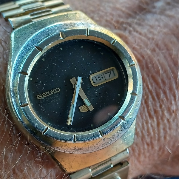 1986 Seiko 5 Automatic Watch 21 Jewels Working 10K Gold Diamond  emerald 25 Year Service award  7019-5030 MERCK Band 3 Gem Stones