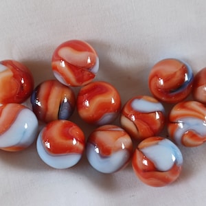 12 Jabo Classic Marbles (Orangish)  Red/Orange White Blue Swirls Mint Cond One Dozen NOS Glass toy Liberties Dave McCullough Vitro Reno, OH