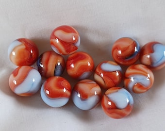 12 Jabo Classic Marbles (Orangish)  Red/Orange White Blue Swirls Mint Cond One Dozen NOS Glass toy Liberties Dave McCullough Vitro Reno, OH