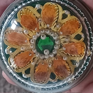 Paperweight Glass Dome upcycled paperweight Rhinestone Mid Century felt backed Known Artist Jeannette Glass Co Beaded Rim Floral Display