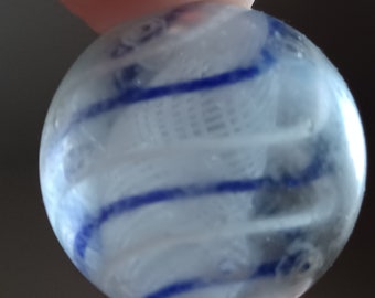 1.375” Marble German Handmade Latticino Core featuring White and Blue colored swirls 3 blue 3 white Grade GOOD 7.0 -7.9 Over 100 Years Old