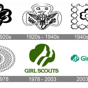 May include: A graphic illustrating the evolution of the Girl Scouts logo from 1912 to 2009. The logos include a black eagle, an eagle with a shield, a floral design, a circular design, a green silhouette of two faces, and the current logo with the words "Girl Scouts."