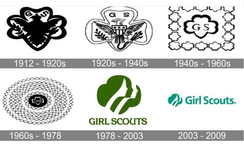 May include: A graphic illustrating the evolution of the Girl Scouts logo from 1912 to 2009. The logos include a black eagle, an eagle with a shield, a floral design, a circular design, a green silhouette of two faces, and the current logo with the words "Girl Scouts."