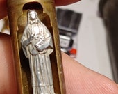 1910 Our Lady of LourdesVintage WWI Brass French Souvenir De Pelerinage 1 5 8 France Catholic Pocket Shrine arched open Bullet Shell casing