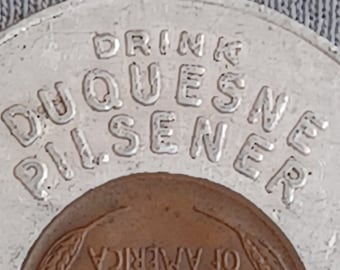 1941 BEER Advertising Penny Encased Lincoln Wheat Cent Coin Duquesne Pilsener Brewing Lucky Penny Pittsburgh PA WWII Clover Horseshoe  62 Yr