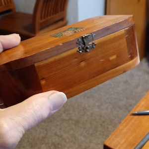 May include: A wooden box with a hinged lid and metal clasp. The box is a warm brown color with a lighter wood panel on the sides. A pineapple design is painted on the lid. The box is held by a hand.