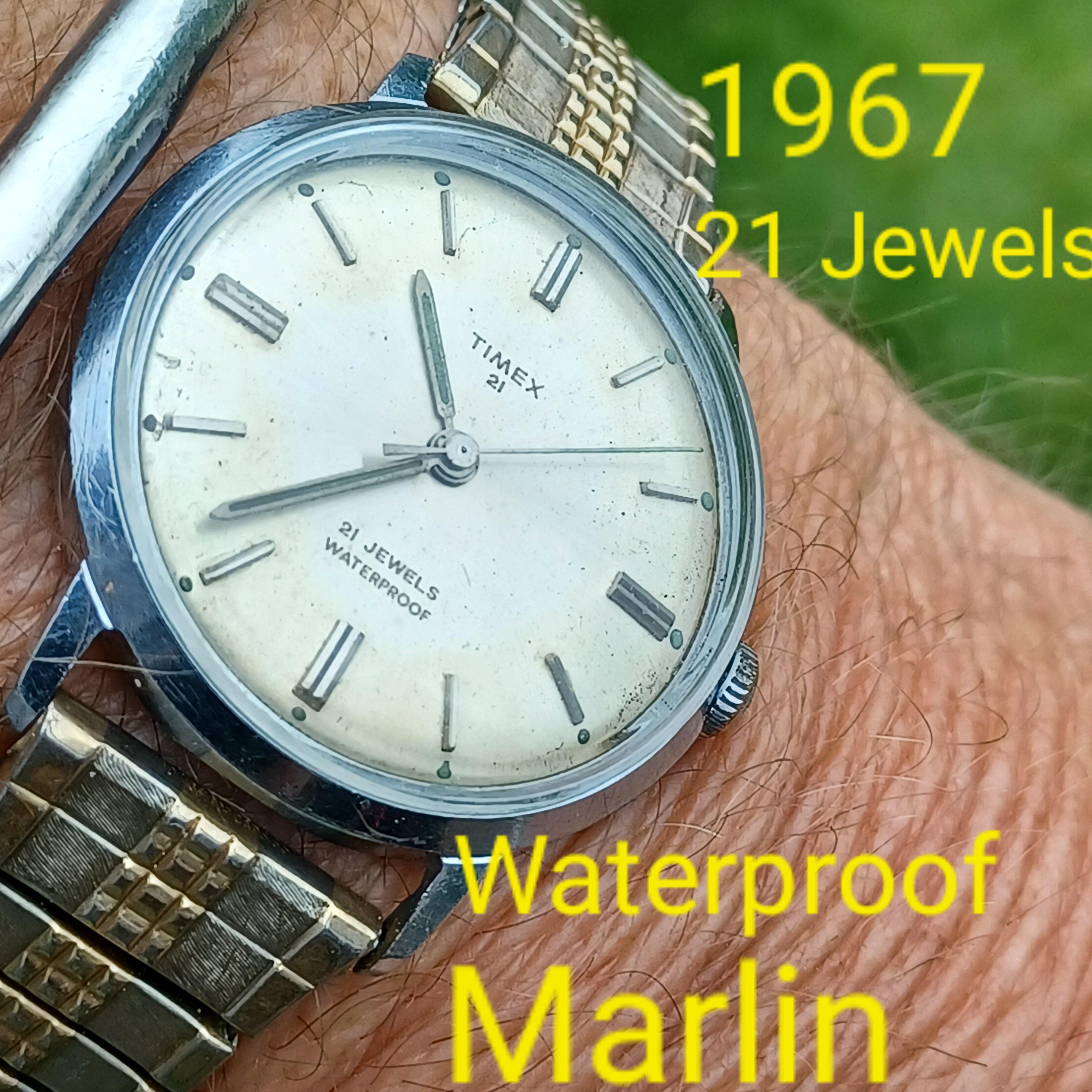 1967 Timex 21 Jewel Marlin Watch Waterproof Champagne Dial Working