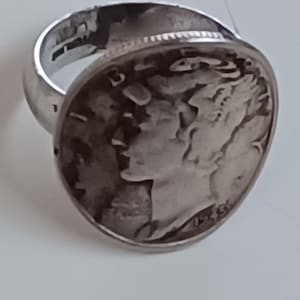 1945 Mercury Dime Ring .900 Coin Silver .925 Sterling Band Size 4 Last Year 80 Years Old Winged Liberty Head Trench Art Sweetheart Jewelry