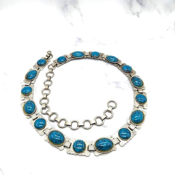 Vintage Silver Tone Native American Style Faux Turquoise Cabochon Belt