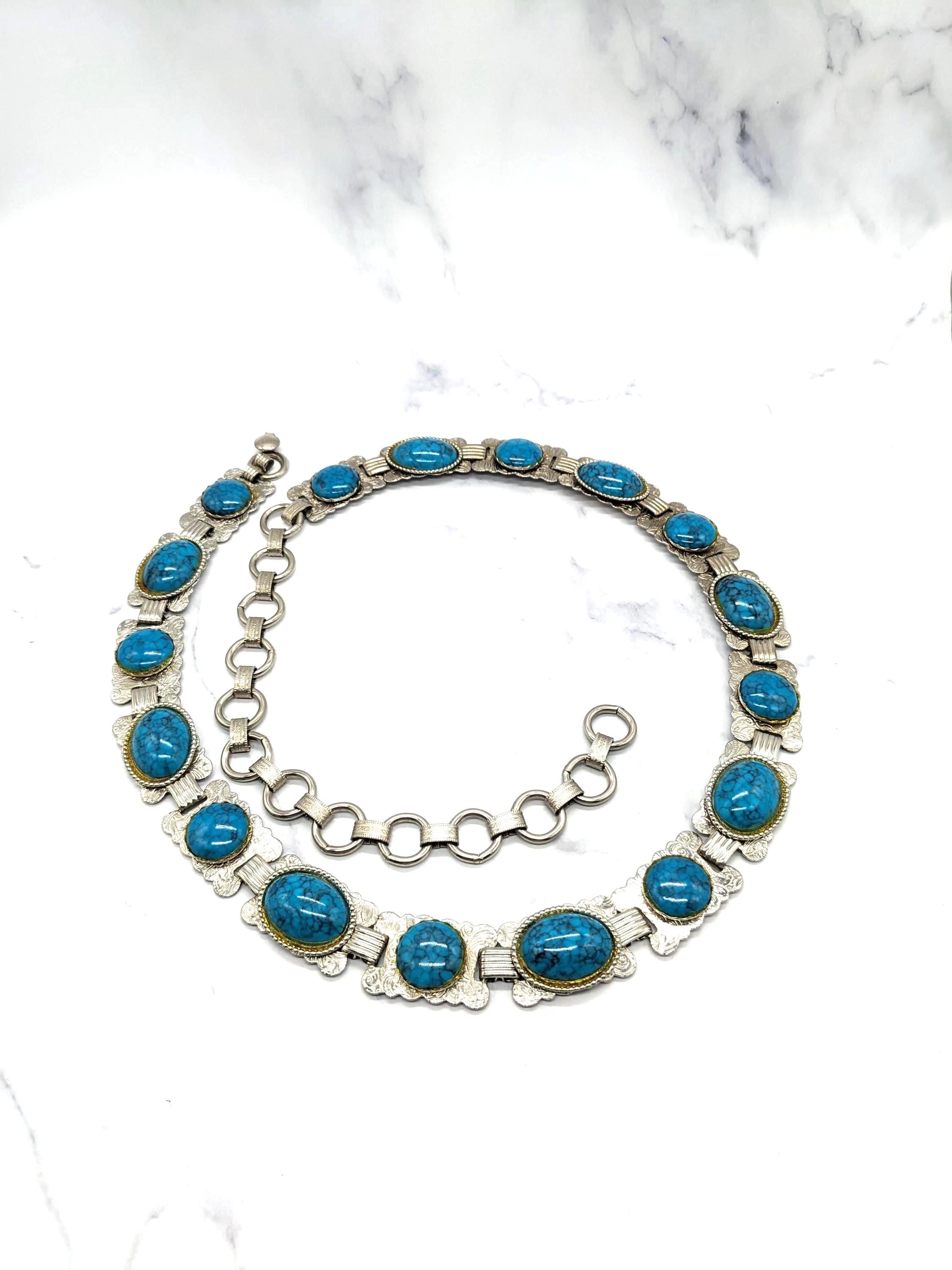 Vintage 80s Jeweled Chain Belt With Colorful Gem Cabochons Stretchy Rhinestone Women main image 3