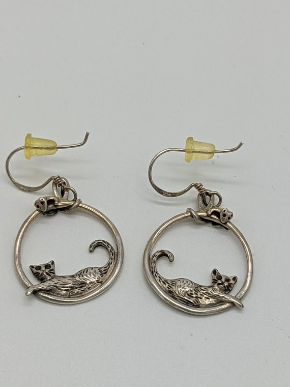Sterling Silver Cat and Mouse Earrings.