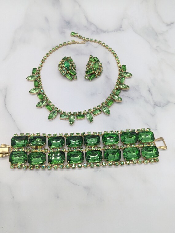 Vintage Green Rhinestones Choker Bracelet and Cli… - image 2