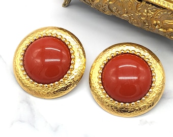 Vintage Monet Cabochon Gold Tone Clip-On Earrings