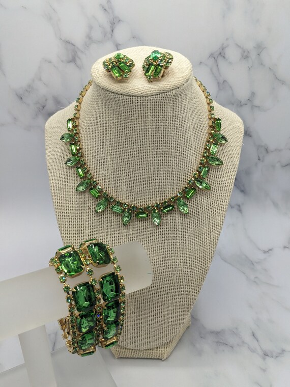 Vintage Green Rhinestones Choker Bracelet and Cli… - image 1