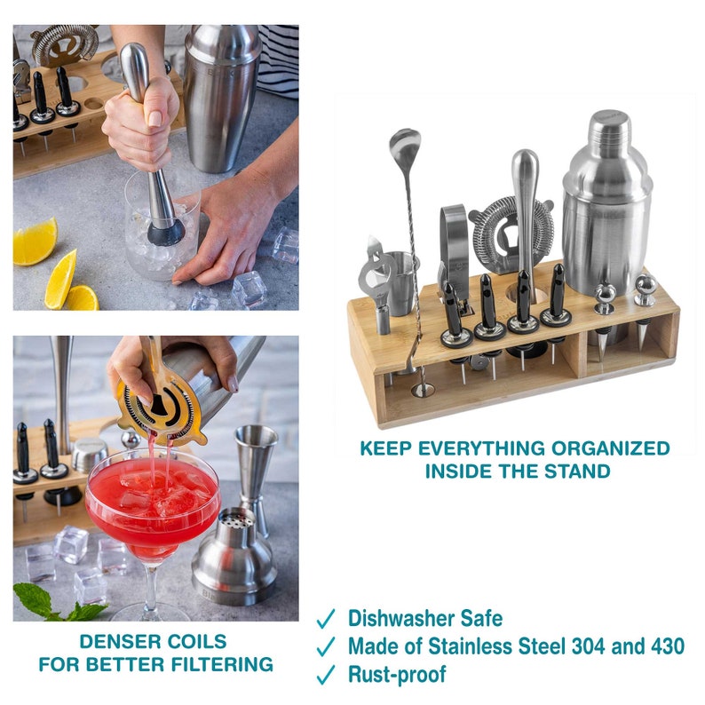 Cocktail Shaker Set mit Ständer 17-teiliges Mixology Barkeeper Kit Bar Set 25 Unzen Martini Shaker, Jigger, Sieb, Muddler, Mischlöffel Bild 10