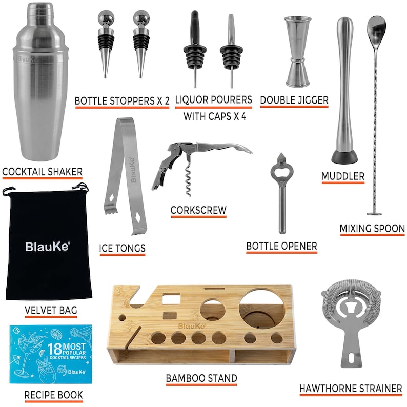 Ensemble shaker à cocktail avec support Kit de barman mixologie 17 pièces Shaker à Martini de 25 oz, Jigger, Passoire, Muddler, Cuillère à mélanger image 3