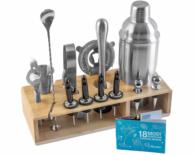 Ensemble shaker à cocktail avec support Kit de barman mixologie 17 pièces Shaker à Martini de 25 oz, Jigger, Passoire, Muddler, Cuillère à mélanger image 1