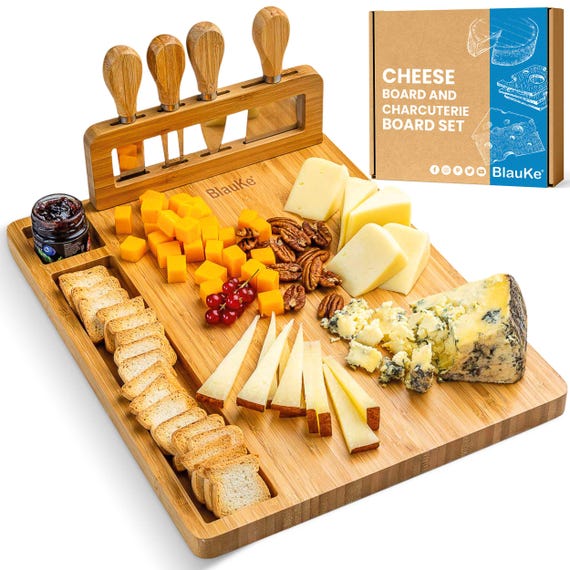 Bamboo Cheese Board Set – Charcuterie Platter with 4 Knives